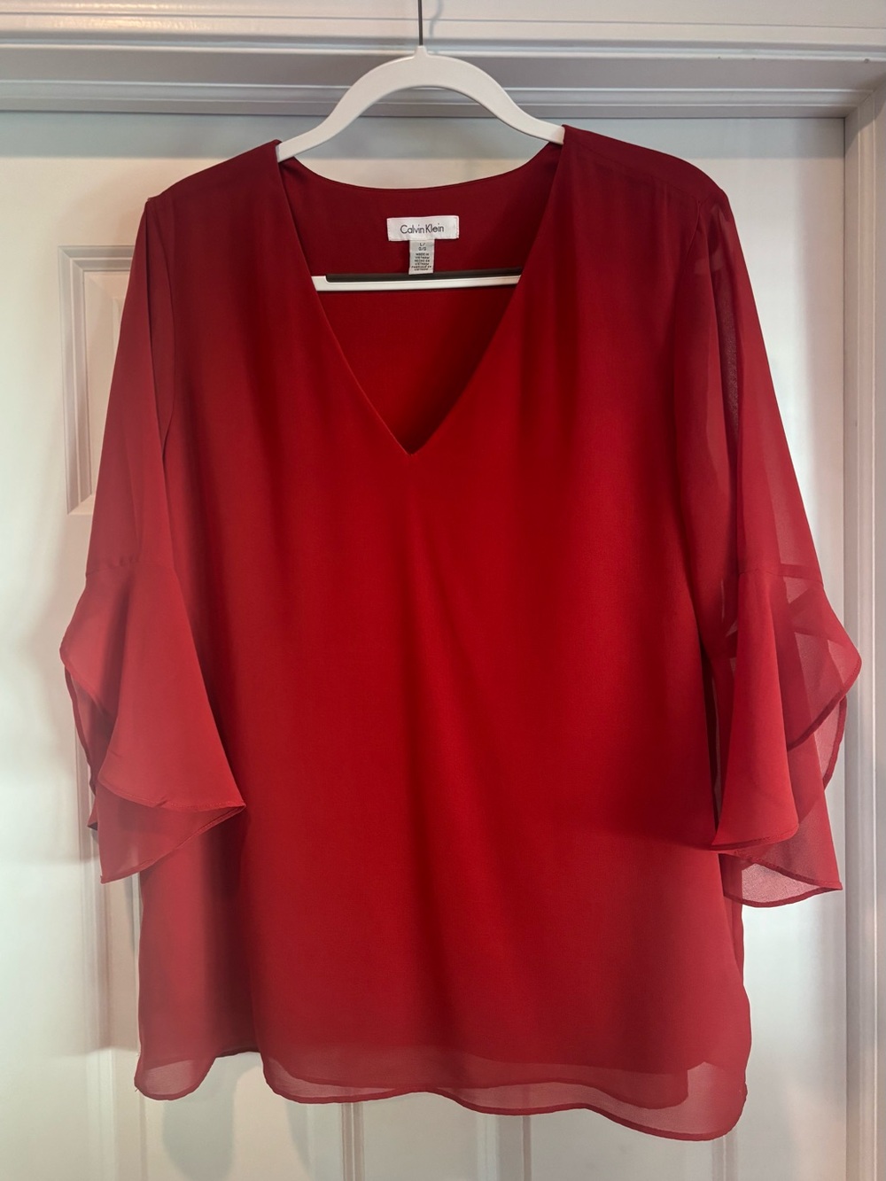Calvin Klein Red V-Neck Chiffon Sleeve Women's Blouse